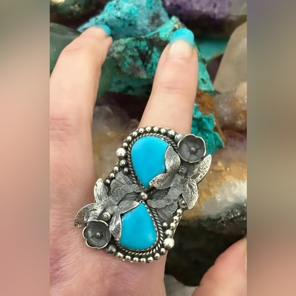 Sleeping beauty turquoise dragonfly statement sterling silver ring - Picture 9 of 15